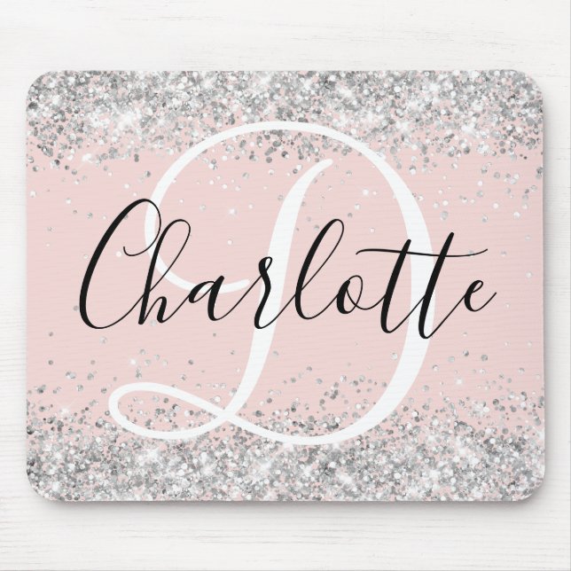Silver Glitter Blush Black and White Monogram Mouse Mat (Front)