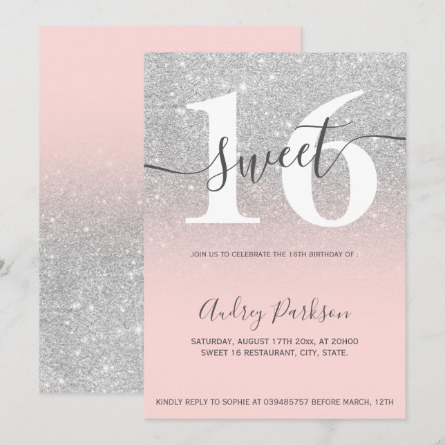 Silver glitter blush coral ombre girly Sweet 16 Invitation (Front/Back)