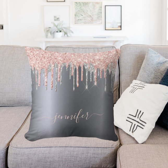 Silver glitter blush drips monogram script cushion (Creator Uploaded)
