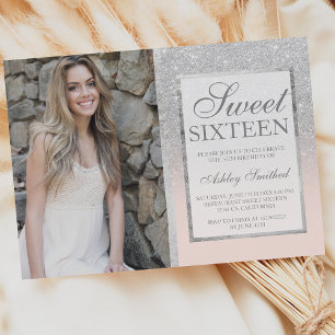 Silver glitter blush ombre photo Sweet 16 Invitation