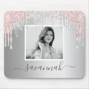 Silver glitter blush photo name script mouse mat