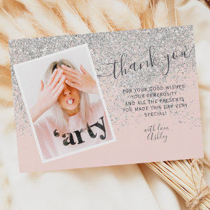 silver glitter blush photo thank you Sweet 16 Card