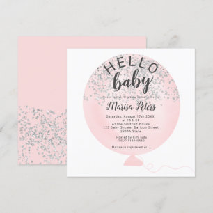 Silver glitter blush pink balloon baby shower invitation