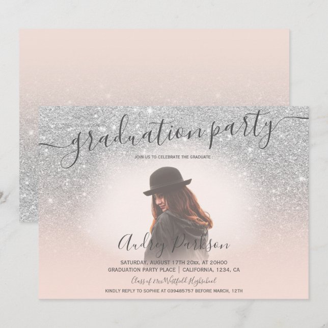 Silver glitter blush pink chic photo graduation invitation (Front/Back)