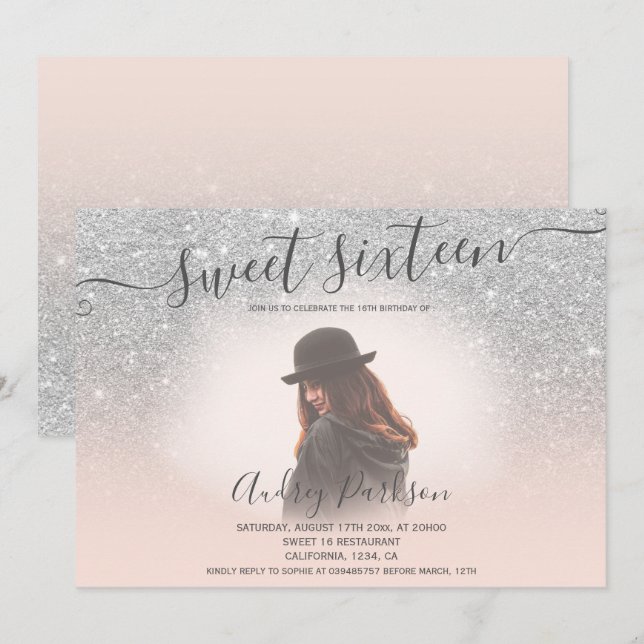 Silver glitter blush pink chic Sweet 16 photo Invitation (Front/Back)