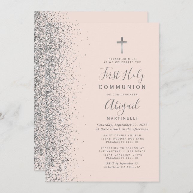 Silver Glitter Blush Pink First Holy Communion Invitation (Front/Back)