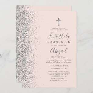 Silver Glitter Blush Pink First Holy Communion Invitation