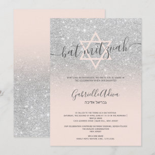 Silver glitter blush pink girly bat mitzvah invitation