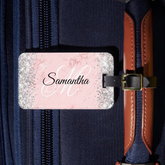 Silver Glitter Blush Pink Marble Luggage Tag (Front Insitu 4)