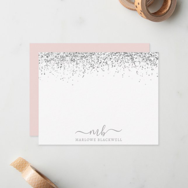 Silver Glitter Blush Pink Monogrammed Note Card (Front/Back In Situ)