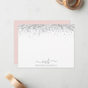 Silver Glitter Blush Pink Monogrammed Note Card