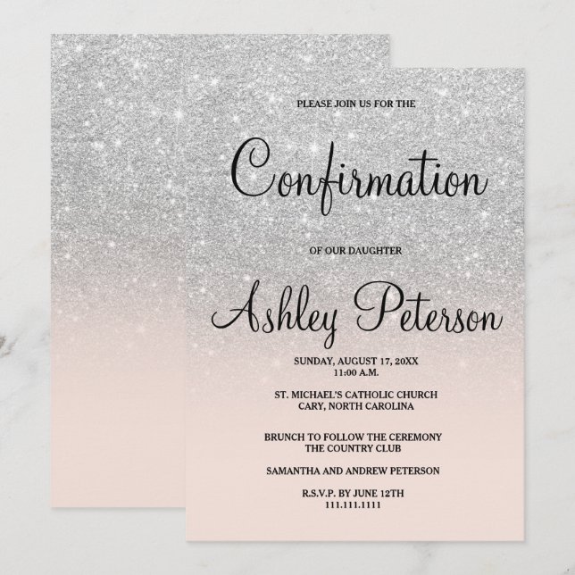 Silver glitter blush pink ombre chic confirmation invitation (Front/Back)