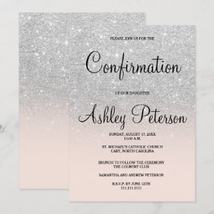 Silver glitter blush pink ombre chic confirmation invitation