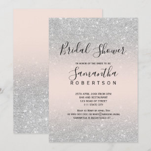 Silver glitter blush pink script bridal shower invitation