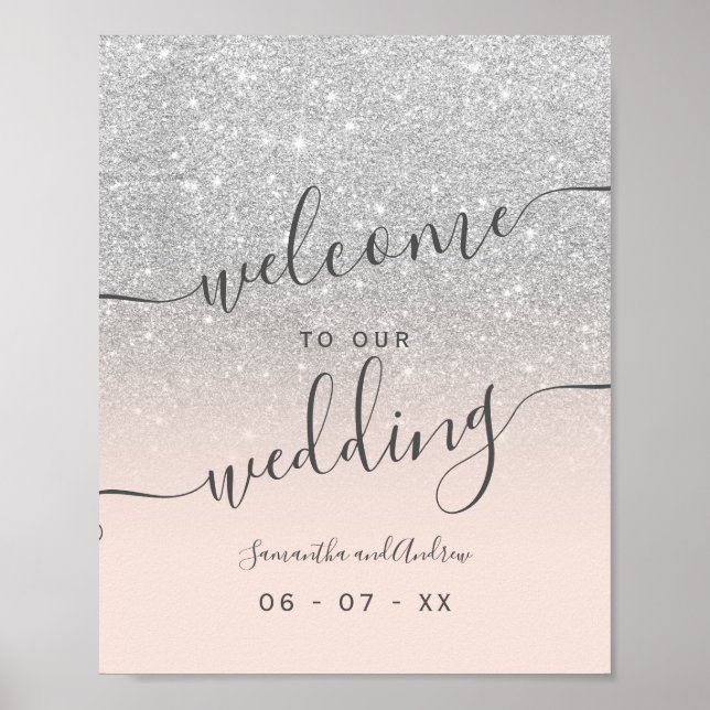 Silver glitter blush pink script welcome poster (Front)