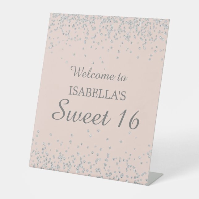 Silver Glitter Blush Pink Sweet 16 Welcome Name Pedestal Sign (Front)