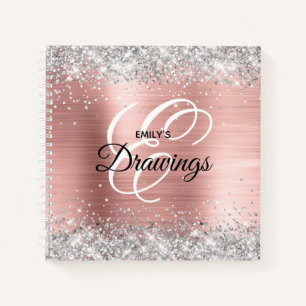 Silver Glitter Blush Rose Foil Monogram Drawing Notebook