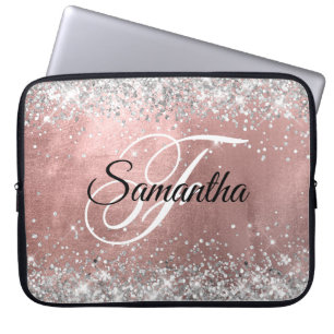 Silver Glitter Blush Rose Gold Ombre Foil Monogram Laptop Sleeve