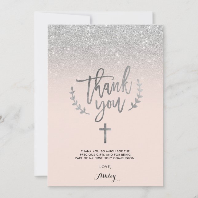 Silver glitter blush thank you first communion (Front)