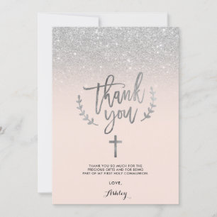 Silver glitter blush thank you first communion card
