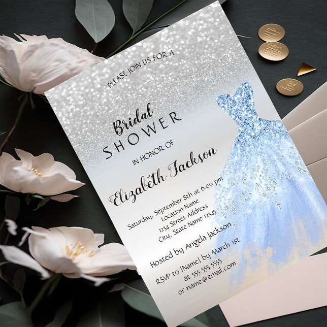 Silver Glitter Bokeh Blue Dress Bridal Shower Invitation (Creator Uploaded)