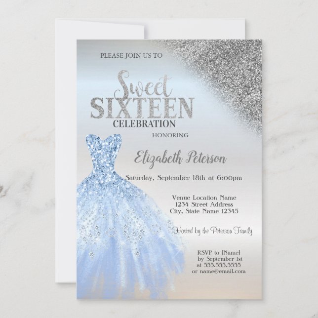 Silver Glitter Bokeh,Blue Dress Silver Sweet 16  Invitation (Front)