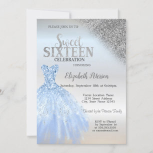 Silver Glitter Bokeh,Blue Dress Silver Sweet 16  Invitation