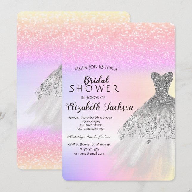 Silver Glitter Bokeh  Dress Ombre Bridal Shower  Invitation (Front/Back)