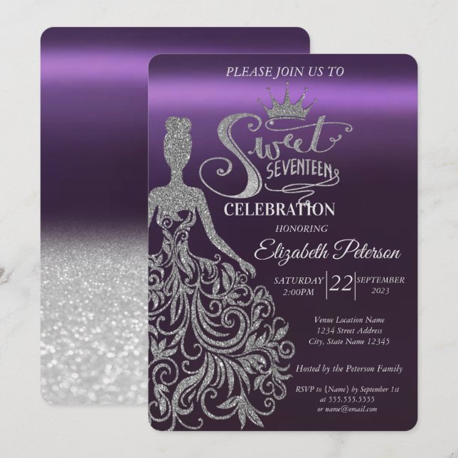 Silver Glitter Bokeh,Dress,Tiara,Purple Sweet 17  Invitation (Front/Back)