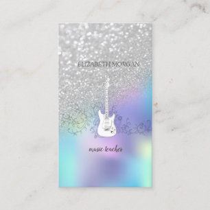 Silver Glitter Bokeh, Guitar,Blue Holographic Business Card