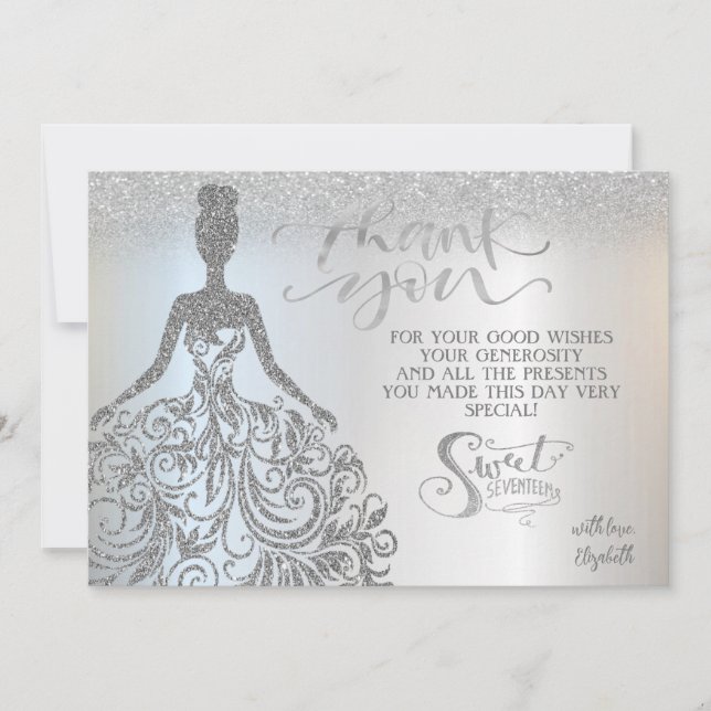 Silver Glitter Bokeh Ombre, Dress Sweet Seventeen Thank You Card (Front)
