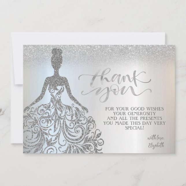 Silver Glitter Bokeh Ombre, Dress Thank You Card (Front)
