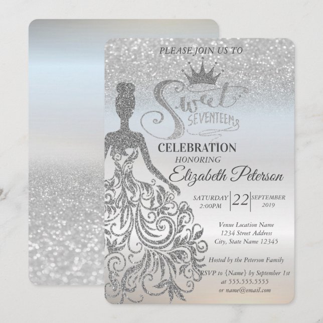 Silver Glitter Bokeh Ombre, Dress,Tiara,Sweet 17 Invitation (Front/Back)
