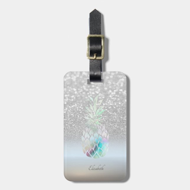 Silver Glitter Bokeh Ombre,Pineapple- Personalised Luggage Tag (Front Vertical)