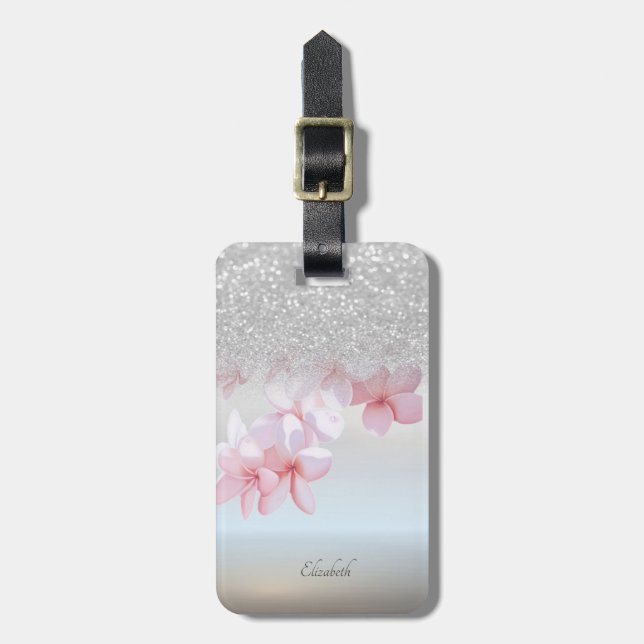 Silver Glitter Bokeh Ombre,Plumeria  -Personalised Luggage Tag (Front Vertical)