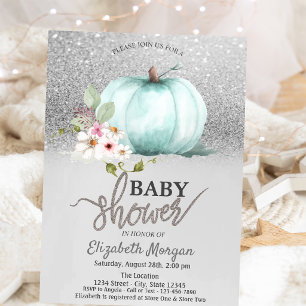 Silver Glitter Bokeh, Pumpkin Baby Shower Invitation