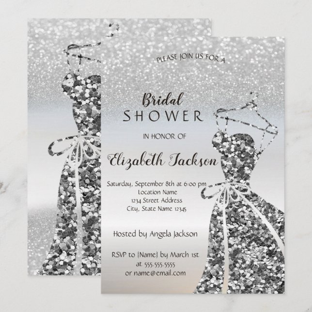 Silver Glitter Bokeh Sequins  Dress Bridal Shower Invitation (Front/Back)