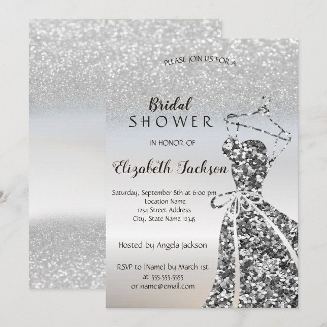 Silver Glitter Bokeh, Sequins Dress Bridal Shower Invitation (Front/Back)