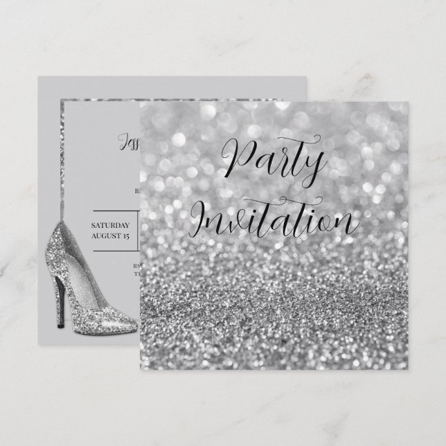 Silver Glitter Bokeh & Stilettos Birthday Invitation (Front/Back)