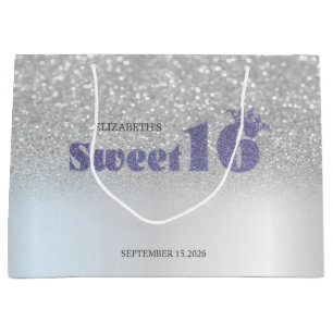 Silver Glitter Bokeh Sweet 16 Crown Large Gift Bag