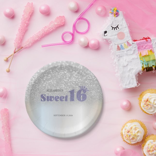 Silver Glitter Bokeh Sweet 16 Crown Paper Plate (Party)