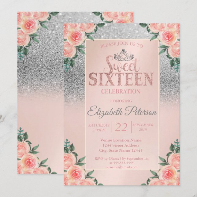 Silver Glitter Bokeh,Tiara Floral Sweet 16 Party Invitation (Front/Back)