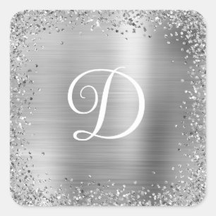 Silver Glitter Border and Foil Monogram Square Sticker