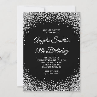 Silver Glitter Border Black 18th Birthday Invitation