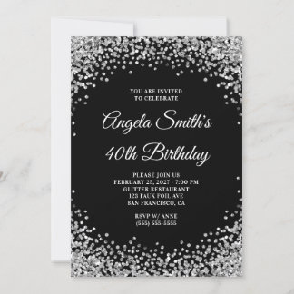 Silver Glitter Border Black 40th Birthday Invitation