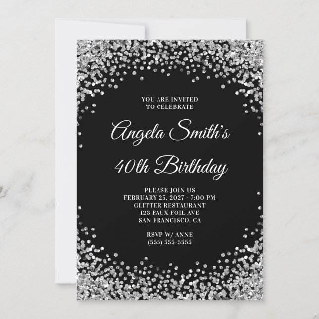 Silver Glitter Border Black 40th Birthday Invitation (Front)
