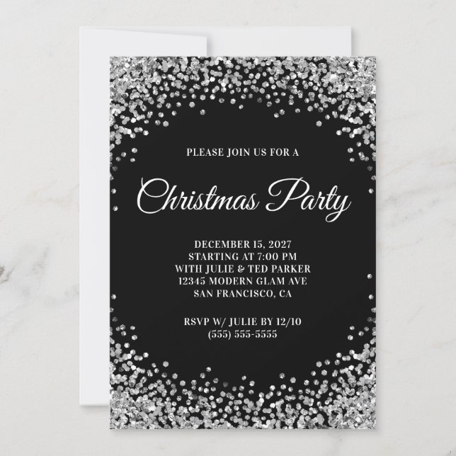Silver Glitter Border Black Christmas Party Invitation (Front)