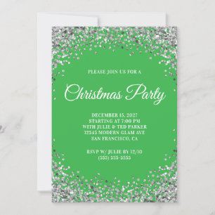 Silver Glitter Border Green Christmas Party Invitation