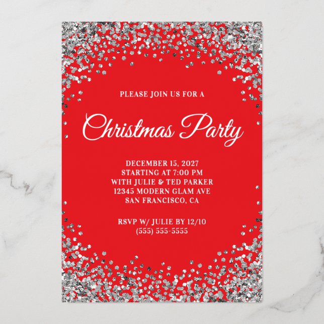 Silver Glitter Border Red Christmas Party (Front)