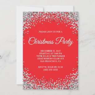 Silver Glitter Border Red Christmas Party Invitation